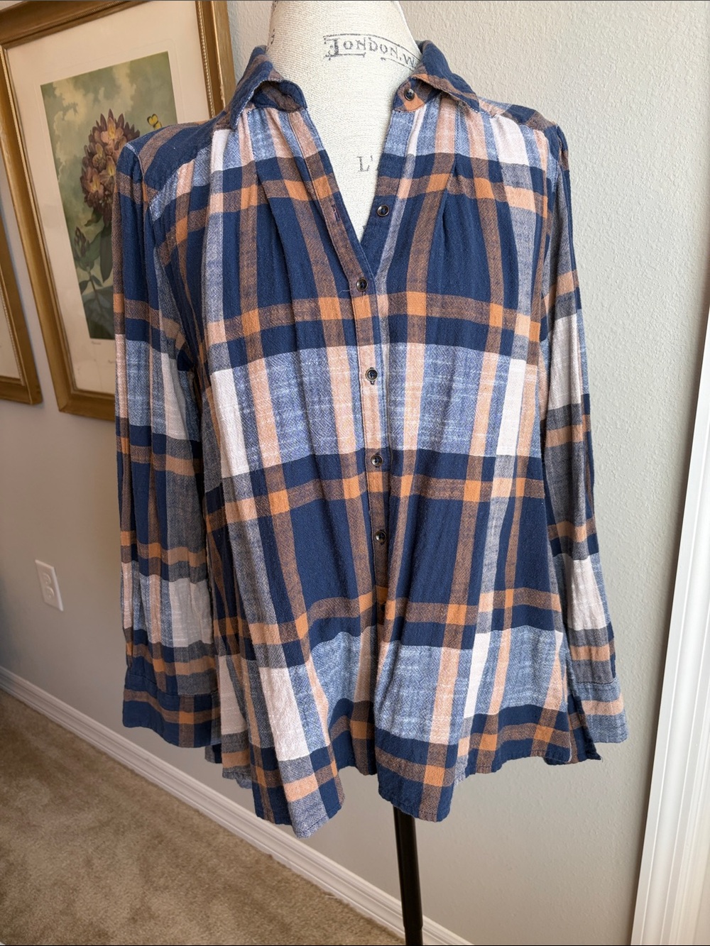 Free People Navy and Tan Plaid Blouse